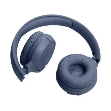 Casque audio sans fil bleu, avec coussinets doux et arceau flexible.