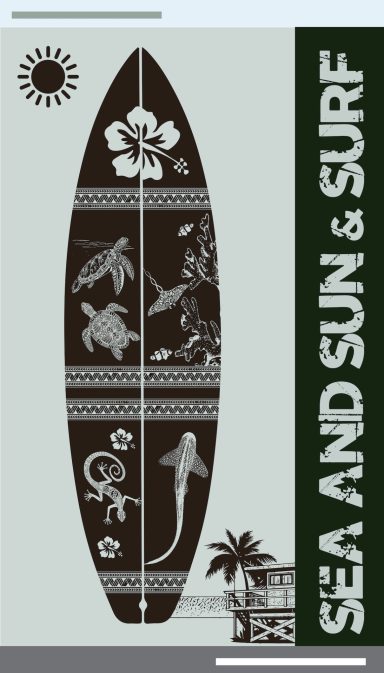 Drap de plage avec Planche de surf décorée de motifs floraux et animaliers, avec le texte "Sea and Sun & Surf".