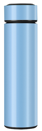 Gourde en acier inoxydable, couleur bleu clair, au design cylindrique.