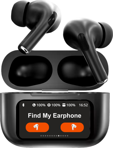 Écouteurs sans fil noirs avec boîtier de chargement et écran affichant "Find My Earphone".