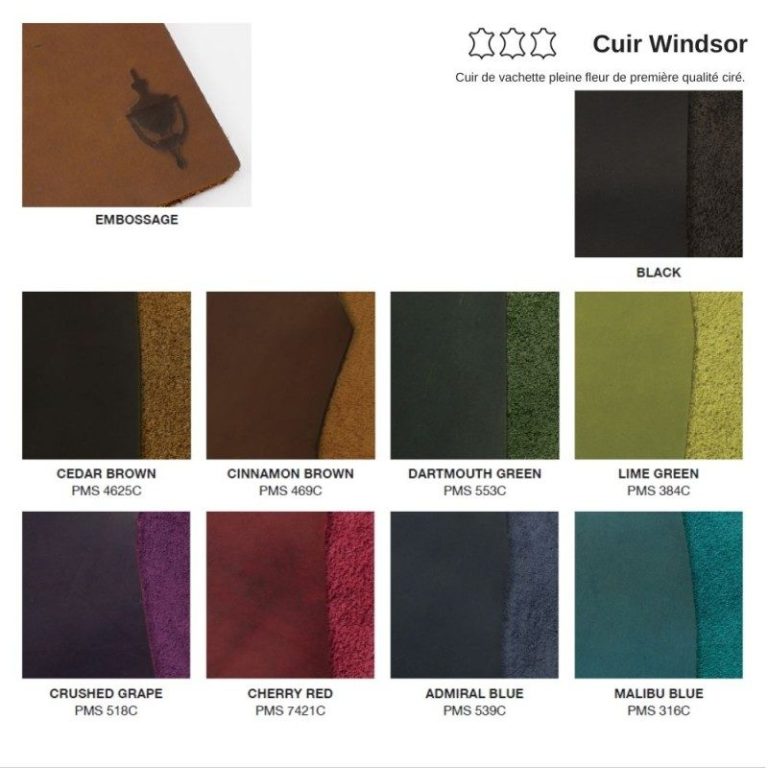 Échantillons de couleurs en cuir Windsor, incluant des teintes variées et un motif en haut à gauche. Cadeau CSE